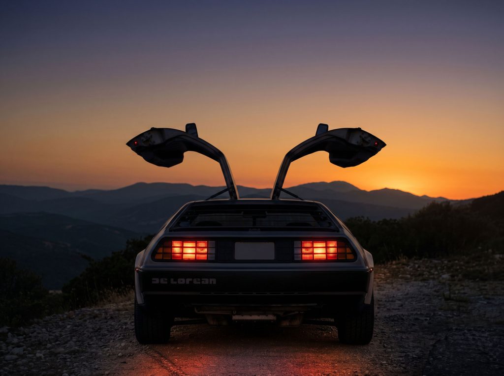 La mythique DeLorean face à un coucher de soleil avec les portes papillon ouvert.