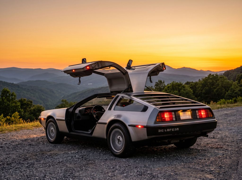 Photo de la DeLorean devant un coucher de soleil. Les portes papillon ouvertes.